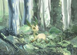 Rule 34 | brown eyes, bush, closed mouth, commentary, day, forest, gen 4 pokemon, grass, highres, leafeon, looking to the side, moss, nature, nintendo, no humans, outdoors, plant, pokemon, pokemon (creature), rock, smile, solo, symbol-only commentary, tree, volpecorvo, walking