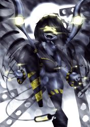 &gt;_&lt; 1girl :d &gt;_&lt; absurdres black_hair black_jacket bottomless breasts claws coat colored_skin crotch evil_grin evil_smile fangs featureless_crotch female_focus flying fog from_below glitch_productions grey_skin grin highres jacket leg_lift leg_up living_weapon mechanical_tail mechanical_wings midair murder_drones night night_sky nipples open_mouth pixelboymagazine planet planetary_ring robot shiny_skin sky smile tail thighs v_(murder_drones) weapon wings xd yellow_eyes