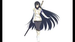 1girl absurdres armband black_hair black_pantyhose blue_armband blue_eyes blunt_bangs boots breasts emblem gloves highres ikaruga_(senran_kagura) large_breasts long_hair long_sleeves non-web_source official_art pantyhose pillarboxed senran_kagura senran_kagura_burst shirt skirt solo sword sword_on_back weapon weapon_on_back white_background white_boots white_gloves white_shirt white_skirt yaegashi_nan