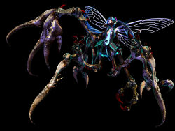 1girl 3d arthropod_girl arthropod_limbs black_background blue_hair ca_(maeda_koutarou) calne_ca_(deino) claws cosplay crab crab_girl crustacean deino_(deino3330) hatsune_miku hatsune_miku_(cosplay) highres horror_(theme) insect_wings isopod long_hair looking_at_viewer nato-kun necktie no_bra open_clothes open_shirt original pleated_skirt red_eyes skirt spikes taur twintails very_long_hair vocaloid wings