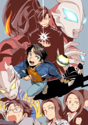 2girls 5boys aizaki_moa alien asakura_riku black_jacket blue_jacket brown_hair clenched_hand collared_shirt fukuide_kei glasses glowing glowing_eyes hair_over_one_eye head_tilt igaguri_leito jacket mijinko_(83nabe) multiple_boys multiple_girls open_mouth orange_eyes orange_shirt pega_(ultraman) re.m._(ultraman_geed) running shirt smile surprised toba_laiha tokusatsu ultra_series ultraman_geed ultraman_geed_(series) ultraman_zero white_shirt