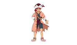 1boy bandaid bandaid_on_face coat full_body hat highres official_art pirate_hat red_sash sash shangri-la_frontier shoes smile solo stude_(shangri-la_frontier) tachi-e transparent_background v-shaped_eyebrows