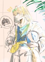 Rule 34 | 1boy, 1girl, ahoge, animal ears, arknights, ball, beachball, belt, black hair, blue eyes, blue vest, bracelet, dog boy, dog ears, dog tail, ear piercing, english text, eyewear on head, fanny pack, feather hair, green-tinted eyewear, grey shorts, hand on own hip, highres, holding, holding ball, holding beachball, hood, hood up, image in speech bubble, jacket, jewelry, la pluma (arknights), leaf, looking at viewer, looking to the side, male focus, messy hair, multiple necklaces, necklace, open clothes, open jacket, open mouth, piercing, see-through clothes, shorts, speech bubble, step-siblings, sunglasses, tail, tequila (arknights), tinted eyewear, umogame, vest, yellow belt