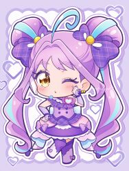 1girl ahoge aqua_hair chibi chibi_only cure_kyunkyun double_bun dress earrings full_body hair_bun heart highres jewelry kimi_to_idol_precure long_hair looking_at_viewer multicolored_hair one_eye_closed parted_lips precure purple_dress purple_hair purple_skirt skirt solo two-tone_hair umiyuki_(umi_chu) very_long_hair yellow_eyes