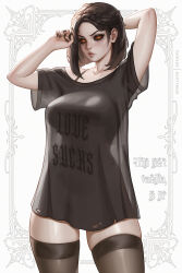 1girl alternate_costume bootybear braid breasts brown_shirt brown_thighhighs collarbone colored_sclera commentary english_commentary highres large_breasts looking_at_viewer nail_polish red_eyes red_sclera serana shirt short_hair skindentation solo the_elder_scrolls the_elder_scrolls_v:_skyrim thighhighs zettai_ryouiki
