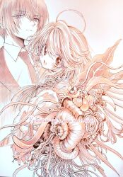 1boy 1girl ahoge angel_wings asymmetrical_wings aya_carmine banana blush body_horror bone braid christmas_card collared_shirt commentary_request english_text expressionless eyeball flower flower_wings food formal_clothes fruit highres hitomi_hirosuke_(sayonara_wo_oshiete) leaf_wings long_hair looking_at_viewer millipen_(medium) mismatched_wings necktie onion open_mouth pen_(medium) phallic_symbol photo_(medium) plant_wings sayonara_wo_oshiete shirt side_braids smile snake sugamo_mutsuki suit tendril tongue traditional_media wings