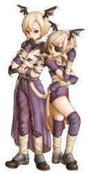 1boy 1girl armor assassin_(ragnarok_online) bandages bandages_over_clothes black_eyes black_gloves black_wings blonde_hair cape closed_mouth commentary_request demon_wings eyepatch fingerless_gloves full_body gloves green_eyes grey_shoes head_wings ichiko looking_at_viewer pants pauldrons pointy_ears purple_cape purple_gloves purple_pants purple_shirt purple_shorts ragnarok_online shirt shoes short_hair short_sleeves shorts shoulder_armor simple_background standing waist_cape white_background wings