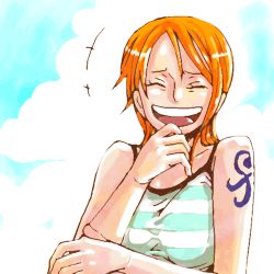 1girl bad_id bad_pixiv_id blue_sky camisole closed_eyes cloud female_focus futomaki jaya laughing lowres nami_(one_piece) one_piece orange_hair shirt short_hair sky solo striped_clothes striped_shirt tattoo