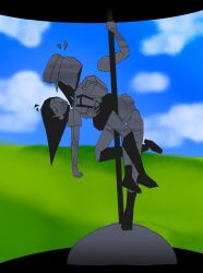 Rule 34 | 2girls, antenna hair, blue sky, blunt ends, bob cut, boots, character request, closed eyes, cloud, detached hair, ena (series), full body, greyscale with colored background, hat, highres, hill, holding, holding pole, knee boots, leaning back, long hair, miniskirt, multiple girls, naie 74, open mouth, peaked cap, pole, short sleeves, skirt, sky, suspender skirt, suspenders, yuri