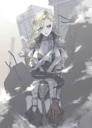 1girl arm_armor arm_strap artist_request black_corset black_footwear black_gloves black_skirt blank_stare blonde_hair blue_eyes blue_neckerchief boots breasts clear_sky cleavage concrete corset crack cracked_wall dappled_sunlight dust elbow_gloves exhausted garter_belt garter_straps gloves hand_on_own_arm highres hiroko_(megami_tensei) jacket knee_boots light_particles makeup mascara mole neckerchief non-web_source outdoors partially_open_jacket pencil_skirt red_gloves rubble shin_megami_tensei shin_megami_tensei_ii shoulder_pads single_elbow_glove skirt sky source_request steel_beam stone_building sunlight swept_bangs white_jacket wind