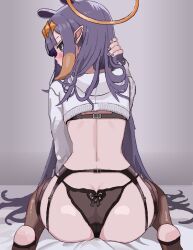 1girl ass black_garter_straps black_panties black_thighhighs blunt_bangs butt_crack cl_oor cropped_hoodie diamond_hairband garter_belt garter_straps gradient_hair grey_hoodie halo hololive hololive_english hood hoodie multicolored_hair ninomae_ina&#039;nis orange_hair panties pointy_ears purple_hair sitting solo tentacle_hair thighhighs underwear virtual_youtuber wariza