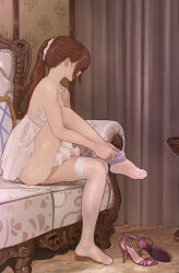 Rule 34 | 1girl, absurdres, bare back, bare shoulders, breasts, brown hair, couch, feet, high heels, highres, long hair, original, pajamas, ponytail, thighhighs, underwear, undressing, white pajamas, white thighhighs, yewang19, yu xuan (yewang19), zettai ryouiki