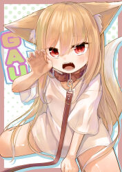 1girl absurdres animal_ear_fluff animal_ears belt_collar brown_collar brown_hair claw_pose collar commentary_request dog_ears dog_girl dog_tail fangs fingernails highres leafy_(kitsuneya) leash loli long_fingernails long_hair looking_at_viewer nipples open_mouth original pussy red_eyes see-through_clothes see-through_shirt shirt solo speech_bubble tail teeth