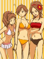 3girls bikini black_bikini blush breast_envy breasts brown_eyes brown_hair cleavage hair_ornament kaihime kunoichi_(sengoku_musou) medium_breasts midriff multiple_girls navel nene ninja parted_bangs ponytail sengoku_musou side_ponytail small_breasts strapless swimsuit swimsuit_skirt tube_top white_bikini yellow_bikini