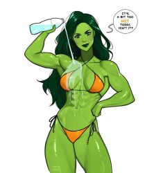 1girl abs animification bikini breasts colored_skin green_eyes green_hair green_lips green_skin highres large_breasts long_hair looking_at_viewer marvel muscular muscular_female olena_minko she-hulk smile solo swimsuit white_background