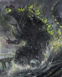 70_years_of_godzilla:_a_new_roar_in_southeast_asia bridge claws dinosaur fog g.n.a giant giant_monster glowing glowing_eyes glowing_spikes godzilla godzilla_(series) green_eyes igloo_studio kaiju monster no_humans ocean open_mouth overcast sea_monster sharp_teeth sky spikes splashing tail teeth toho water