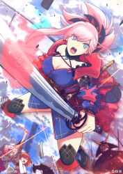2girls ahoge artist_name bare_shoulders blue_eyes blue_kimono breasts cleavage cloud cloudy_sky commentary english_commentary fate/grand_order fate_(series) fighting_stance floral_print floral_print_kimono fujimaru_ritsuka_(female) full_body hand_up highres holding holding_sword holding_weapon japanese_clothes kimono laevatein_(la3vatein) large_breasts miyamoto_musashi_(fate) multiple_girls open_mouth orange_eyes orange_hair pink_kimono print_kimono side_ponytail sky sword weapon white_hair