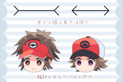 2boys :&gt; artist_name baseball_cap blush blush_stickers brown_eyes brown_hair chibi cocoloco commentary_request creatures_(company) game_freak hat head hilbert_(pokemon) male_focus multiple_boys nate_(pokemon) nintendo poke_ball_print pokemon pokemon_bw pokemon_bw2 purple_eyes red_headwear smile striped_background translation_request visor_cap