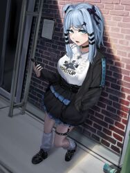 Rule 34 | 1girl, absurdres, aegis-link, against wall, black bow, black jacket, black shoes, black skirt, blue eyes, blue hair, bow, brick wall, cross, cross necklace, hair bow, hair ornament, hand in pocket, hansart17, highres, holding, holding phone, jacket, jewelry, lips, long sleeves, loose socks, necklace, open mouth, phone, second-party source, shirt, shoes, skirt, socks, solo, triggerphish, virtual youtuber, white shirt, white socks