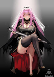 1girl artist_logo belt black_cape black_nails black_thighhighs black_tiara breasts cape cleavage commission crossed_legs detached_sleeves eyelashes gold_shoes high_heels highres holding holding_lead_pipe hololive hololive_english large_breasts lead_pipe logo long_hair mad_kimo mori_calliope mori_calliope_(1st_costume) pink_hair purple_eyes shoes single_detached_sleeve single_thighhigh sitting solo thighhighs tiara torn_cape torn_clothes veil virtual_youtuber white_belt