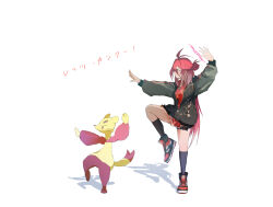 Rule 34 | 1girl, ahoge, black socks, blue archive, china dress, chinese clothes, crossover, dress, fighting stance, from side, gen 5 pokemon, green jacket, hair between eyes, hair bun, highres, jacket, kneehighs, long hair, mienfoo, nintendo, norio (norio386), pokemon, pokemon (creature), red dress, red footwear, red hair, reijo (blue archive), sidelocks, socks, standing, standing on one leg