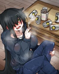 1girl absurdres beer_can black_hair black_hoodie blue_pants blush breasts can chopsticks cigarette cigarette_butt cowlick cup disposable_cup drink_can ear_blush embarrassed flying_sweatdrops hair_over_one_eye hand_on_own_leg hand_up highres hood hood_down hoodie indie_virtual_youtuber instant_ramen knees_up large_breasts long_bangs long_hair long_sleeves looking_at_viewer makinanagumo nagumo_makina open_mouth pants red_eyes sapporo_beer sharp_teeth sidelocks simple_background sleeves_past_wrists smoking solo sweat teeth variant_set very_long_hair wooden_floor