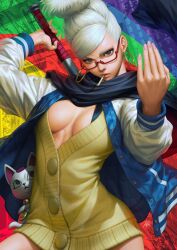 Rule 34 | 1girl, arm up, ayase seiko, baseball bat, beckoning, beehive hairdo, blue cape, breasts, brown eyes, cape, capelet, cardigan, cat, cigarette, cleavage, commentary, dandadan, earrings, english commentary, glasses, head tilt, highres, holding, holding baseball bat, hoop earrings, jacket, jewelry, large breasts, letterman jacket, looking at viewer, looking up, metal baseball bat, open clothes, open hand, open jacket, outstretched arm, red-framed eyewear, semi-rimless eyewear, signature, smoking, solo, stanley lau, tall hair, turbo granny (dandandan), white cat, yellow cardigan