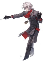 1boy antonio_salieri_(fate) antonio_salieri_(second_ascension)_(fate) artist_name black_gloves conductor_baton fate/grand_order fate_(series) formal_clothes gloves grey_hair jewelry male_focus pendant red_eyes red_scarf scarf shiroki1020556 striped_suit suit white_background
