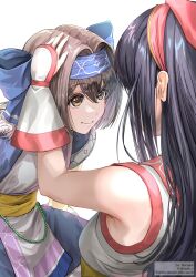 2girls ainu_clothes arm_up artist_name black_hair breasts brown_hair dargain_x fingerless_gloves gloves hair_ribbon headpat highres long_hair medium_breasts multiple_girls nakoruru ribbon rimururu samurai_spirits short_hair siblings sideboob sisters smile snk