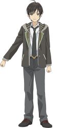 1boy ahoge anime_coloring arms_at_sides belt black_eyes black_hair black_shoes clenched_hands closed_mouth collared_shirt full_body hood hooded_jacket jacket long_sleeves looking_at_viewer mob_kara_hajimaru_tansaku_eiyuutan necktie open_clothes open_jacket school_uniform shirt shoes short_hair simple_background smile solo standing takagi_kaito transparent_background yasuda_shouko
