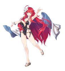 Rule 34 | 1girl, absurdres, ahoge, alternate costume, blue eyes, bracelet, breasts, cleavage, covered navel, feet, female focus, flower, full body, hair flower, hair ornament, high school dxd, highres, jewelry, large breasts, long hair, looking at viewer, miyama-zero, open mouth, red hair, rias gremory, sandals, smile, solo, standing, standing on one leg, swimsuit, toes, towel, transparent background