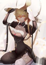 1girl absurdres animal_ears aoi_tooru arknights black_dress blonde_hair breasts cleavage dorothy_(arknights) dorothy_(hand_of_destiny)_(arknights) dress gloves highres jewelry long_hair looking_at_viewer mouse_ears mouse_girl necklace official_alternate_costume pearl_necklace puffy_sleeves seiza side_slit sitting solo thighhighs veil white_thighhighs white_veil yellow_eyes