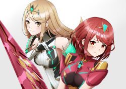 2girls aegis_sword_(xenoblade) backless_outfit bare_shoulders blonde_hair bob_cut breasts chest_jewel core_crystal_(xenoblade) dress earrings elbow_gloves floating_earring gloves highres holding holding_sword holding_weapon impossible_clothes jewelry long_hair medium_breasts microdress multiple_girls mythra_(massive_melee)_(xenoblade) mythra_(xenoblade) neon_trim pyra_(xenoblade) red_eyes red_hair short_hair short_sleeves smile swept_bangs sword tiara upper_body very_long_hair weapon white_dress white_gloves xenoblade_chronicles_(series) xenoblade_chronicles_2 yellow_eyes yuurio-0417