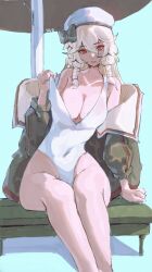 1girl absurdres aqua_background artist_name bare_legs bare_shoulders beach_umbrella bench black_bow black_hat black_jacket bow braid breasts character_request check_character chinese_commentary cleavage collarbone commentary_request covered_navel hair_between_eyes hat head_bow highres jacket large_breasts legs_together long_hair long_sleeves looking_at_viewer multicolored_hat multicolored_jacket on_bench one-piece_swimsuit red_eyes red_jacket sidelocks simple_background sitting solo swimsuit twin_braids u96_(warship_girls_r) umbrella under_umbrella unworn_jacket warship_girls_r white_hair white_hat white_jacket white_one-piece_swimsuit wide_hips yamada_(894921678)