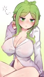 1girl absurdres bottomless breasts cleavage covered_erect_nipples gradient_background green_background green_eyes green_nails hand_in_own_hair highres large_breasts long_hair long_sleeves navel ndawjaidee open_mouth original parted_bangs partially_unbuttoned shirt solo squeans thighs white_background white_shirt
