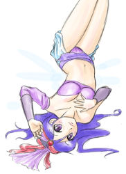 1980s_(style) 1girl bandana bra detached_sleeves female_focus final_fantasy final_fantasy_ii leila lingerie long_hair lying midriff retro_artstyle purple_eyes purple_hair retro_artstyle solo tanyaoh underwear white_background