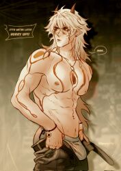 1boy 28_95v abs arataki_itto ass belt blush body_markings bodypaint bracelet bulge bulge_lift covered_penis dressing earrings english_text facepaint genshin_impact grey_male_underwear highres horns i&#039;ve_never_seen_a_guy_recreate_this_successfully_tbh_(meme) jewelry large_pectorals long_hair male_focus male_underwear meme muscular muscular_male navel navel_piercing necklace nipple_piercing nipples oni open_pants pants pants_lift pectorals piercing pointy_ears pout pubic_hair solo sweatdrop topless_male underwear white_hair white_male_underwear