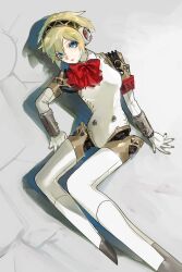 1girl aigis_(persona) android armband blonde_hair blue_eyes bow expressionless eyelashes from_above full_body highres joints looking_at_viewer lying meameeea no_feet on_back persona persona_3 prsnmea red_armband red_bow robot_ears robot_girl robot_joints s.e.e.s short_hair solo