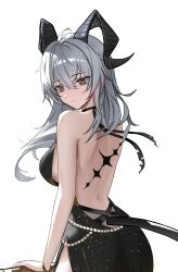 1girl absurdres ahoge alternate_costume back backless_dress backless_outfit bags_under_eyes bare_shoulders black_dress black_eyes black_horns black_tail breasts closed_mouth commentary cowboy_shot cropped curled_horns dress english_commentary grey_hair hair_between_eyes highres horns large_breasts long_hair looking_at_viewer looking_to_the_side mole mole_under_eye multicolored_eyes multicolored_hair myumyu431 red_eyes shoulder_blades side_slit solo streaked_hair tacet_mark_(wuthering_waves) two-tone_eyes wuthering_waves zani_(wuthering_waves)