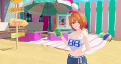 1girl arm_up arms_up ball bead_bracelet beads blue_eyes blush bracelet can collarbone crop_top denim denim_skirt fence hair_between_eyes hair_intakes highres holding jewelry ker2348 looking_at_viewer midriff navel number_print open_mouth orange_hair parasol sand secretto_(waktaverse) shadow shiny_skin shoes short_hair skirt smile solo tank_top umbrella virtual_youtuber waktaverse