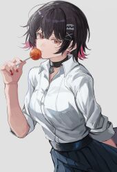 Rule 34 | 1girl, absurdres, black choker, black hair, black skirt, breasts, candy, choker, collared shirt, colored inner hair, ellen joe, ellen joe (on campus), emiya negi, food, highres, holding, holding candy, holding food, holding lollipop, lollipop, metal hairband, mole, mole under eye, multicolored hair, official alternate costume, pleated skirt, red eyes, red hair, red nails, school uniform, shirt, short hair, skirt, two-tone hair, white shirt, zenless zone zero