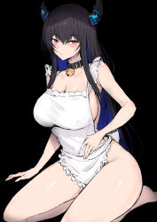 apron bell belt_collar black_background black_hair black_horns blue_hair blush breasts collar collarbone colored_inner_hair highres hololive hololive_english horns jingle_bell large_breasts long_hair looking_at_viewer mole mole_under_eye multicolored_hair naked_apron neck_bell nerissa_ravencroft purple_eyes sakiya_(sak1_01) seiza simple_background sitting two-tone_hair virtual_youtuber white_apron