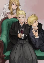 Rule 34 | 1girl, 2boys, agrias oaks, ahoge, alternate costume, blonde hair, brown eyes, closed mouth, dress, final fantasy, final fantasy tactics, formal clothes, japanese clothes, long hair, looking at viewer, multiple boys, mustadio bunansa, nakade1, open mouth, ramza beoulve, short hair, sitting, smile, suit, white dress