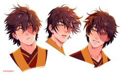 Rule 34 | 1boy, artist name, avatar: the last airbender, avatar legends, brown hair, burn scar, collarbone, frown, hair between eyes, highres, male focus, orange eyes, scar, scar on face, smile, tariah furlow, zuko