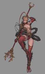 1girl blonde_hair breasts cleavage detached_sleeves genderswap genderswap_(mtf) grey_background highres holding holding_weapon mythology nabicarol_(na_lolol) pointy_ears revealing_clothes simple_background smile solo staff sun_wukong thighhighs toes weapon yellow_eyes