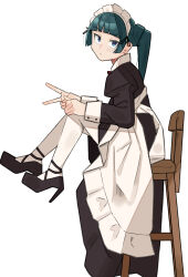 1girl absurdres alternate_costume apron black_dress black_ribbon black_shoes blue_eyes blunt_bangs chair closed_mouth dress enmaided freckles from_side green_hair hair_ribbon high_heels highres kusuriya_no_hitorigoto long_hair long_sleeves looking_at_viewer maid maid_headdress maomao_(kusuriya_no_hitorigoto) panties ponytail puffy_sleeves ribbon sattinittas shoes simple_background sitting solo underwear v white_apron white_background white_panties