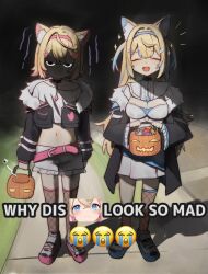 2girls angry animal_ear_fluff animal_ears belt blonde_hair blue_hair blue_hairband breasts candy cleavage closed_eyes commentary dress english_commentary food fuwawa_abyssgard hair_ornament hairband hairclip halloween_bucket highres holding hololive hololive_english large_breasts long_hair long_sleeves looking_at_viewer meme mococo_abyssgard multicolored_hair multiple_girls navel open_mouth pink_belt pink_hair pink_hairband short_hair shorts smile standing szuukie two-tone_hair virtual_youtuber why_dis_ninja_look_so_mad_(meme) x_hair_ornament