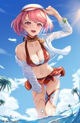 Rule 34 | 1girl, absurdres, beach, bikini, blue sky, breasts, cleavage, collarbone, fire emblem, fire emblem engage, fire emblem heroes, flat cap, flower, hat, highres, jacket, jewelry, lapis (fire emblem), lapis (forager of the sea) (fire emblem), large breasts, multicolored bikini, navel, necklace, nintendo, ocean, official alternate costume, open mouth, palm tree, pink eyes, pink hair, red bikini, ryo-suzuki, see-through clothes, see-through jacket, short hair, sky, smile, solo, sunflower, swimsuit, tree, two-tone hat, water, white hat, white jacket