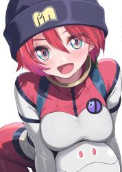 1girl amate_yuzuriha aqua_eyes blush bodysuit breasts gundam gundam_gquuuuuux haro hat izumi_akane looking_at_viewer mecha_pilot_suit multicolored_bodysuit open_mouth red_hair science_fiction short_hair simple_background smile white_background zooming_in