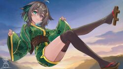 1girl absurdres ahoge asymmetrical_legwear black_socks black_thighhighs blue_hair bow braid brown_eyes brown_hair brown_sash colored_inner_hair commentary_request cross-shaped_pupils floating floral_print foot_up full_body geta gold_trim green_bow green_eyes green_kimono hair_bow heterochromia highres indie_virtual_youtuber isai_salazar japanese_clothes kimono knees_up light_blush medium_hair meica_(vtuber) mismatched_pupils multicolored_hair over-kneehighs sash short_kimono signature single_braid single_sock single_thighhigh socks spanish_commentary sprout-shaped_pupils symbol-shaped_pupils thighhighs twilight uneven_legwear virtual_youtuber yellow_trim zettai_ryouiki